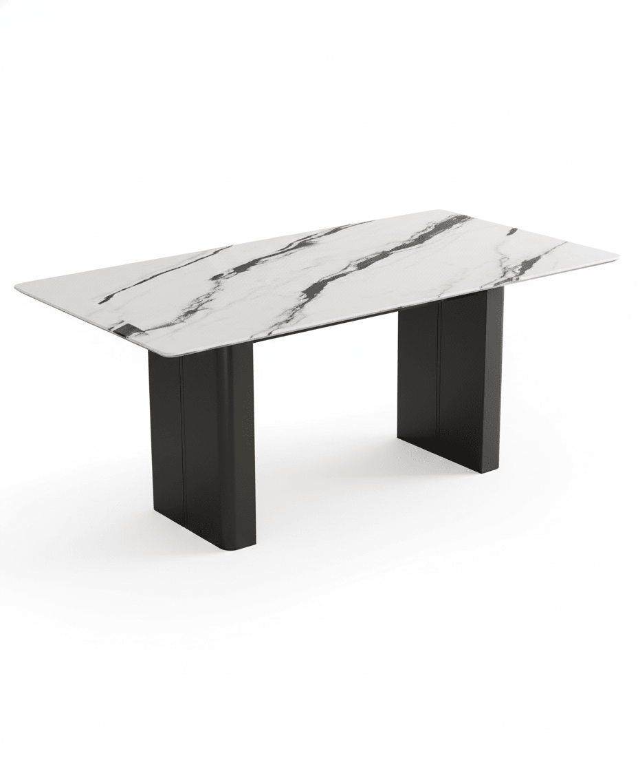 Ensemble de salle à manger Arcadia avec table en pierre effet marbre et chaises en cuir végan sur fond blanc