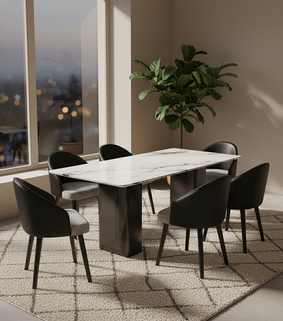Ensemble de salle à manger Arcadia avec table en pierre effet marbre et chaises en cuir végan devant une fenêtre