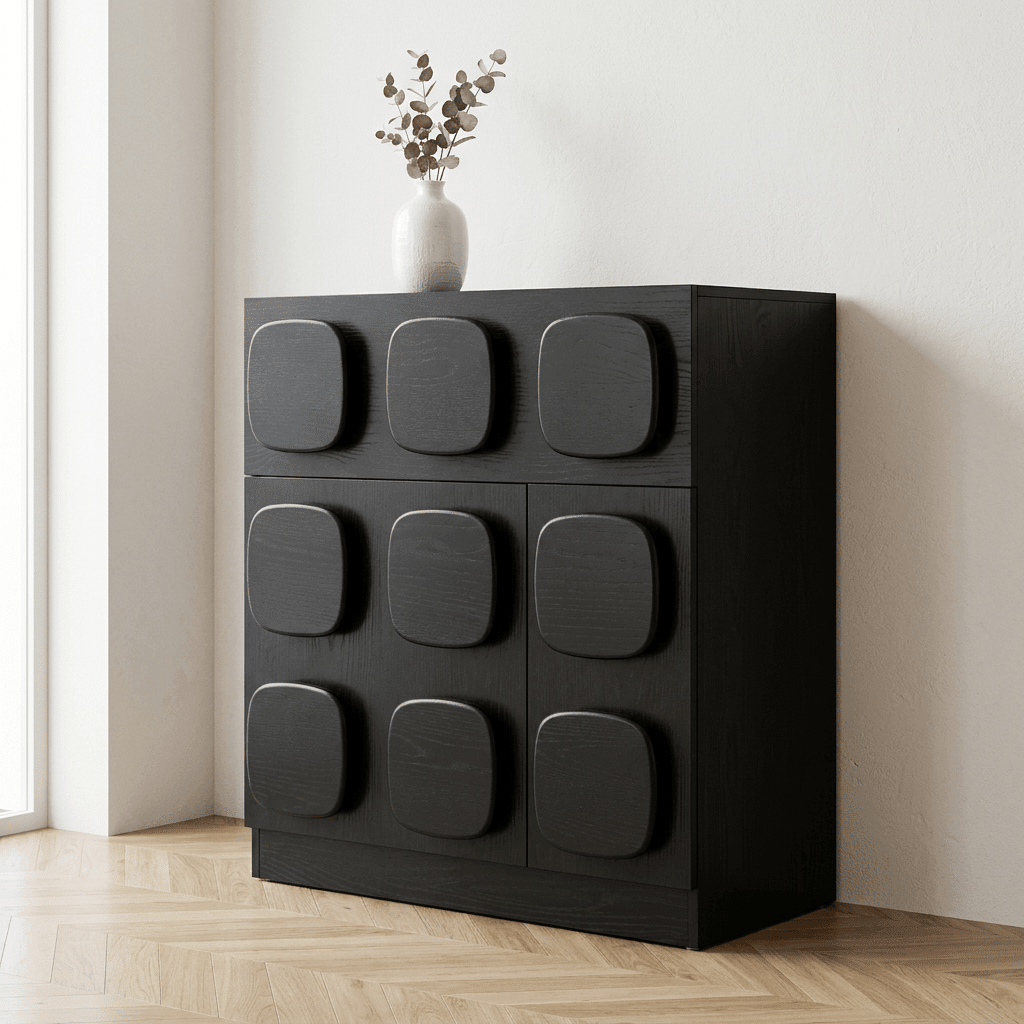 Bahut en bois foncé, façade à panneaux géométriques arrondis en 3x3
