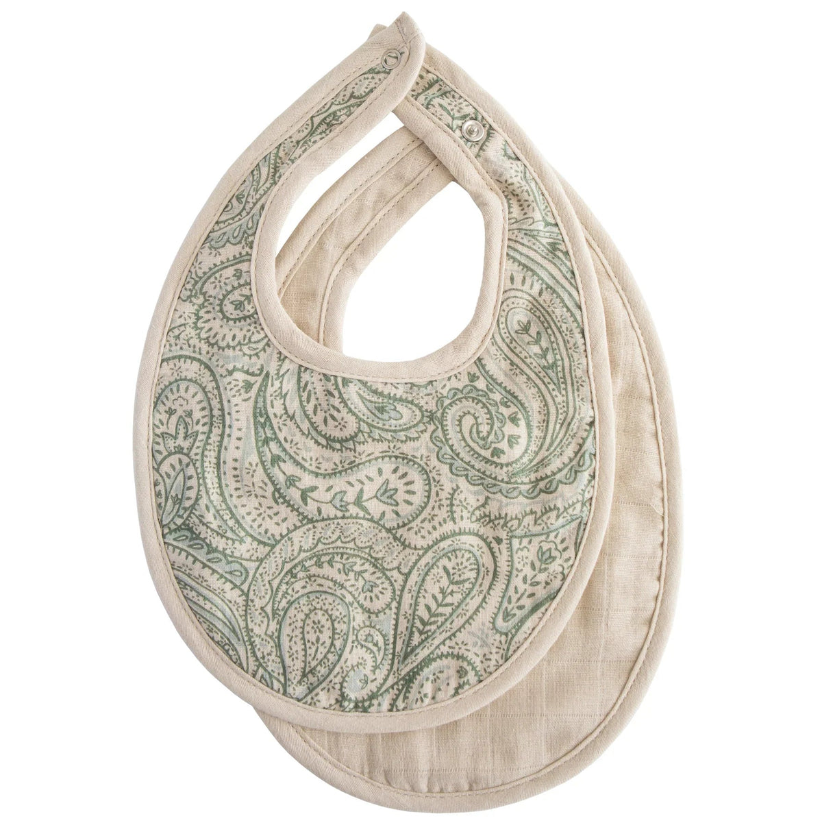 Bavoir bébé en mousseline de coton beige à motif cachemire vert, fermeture à boutons