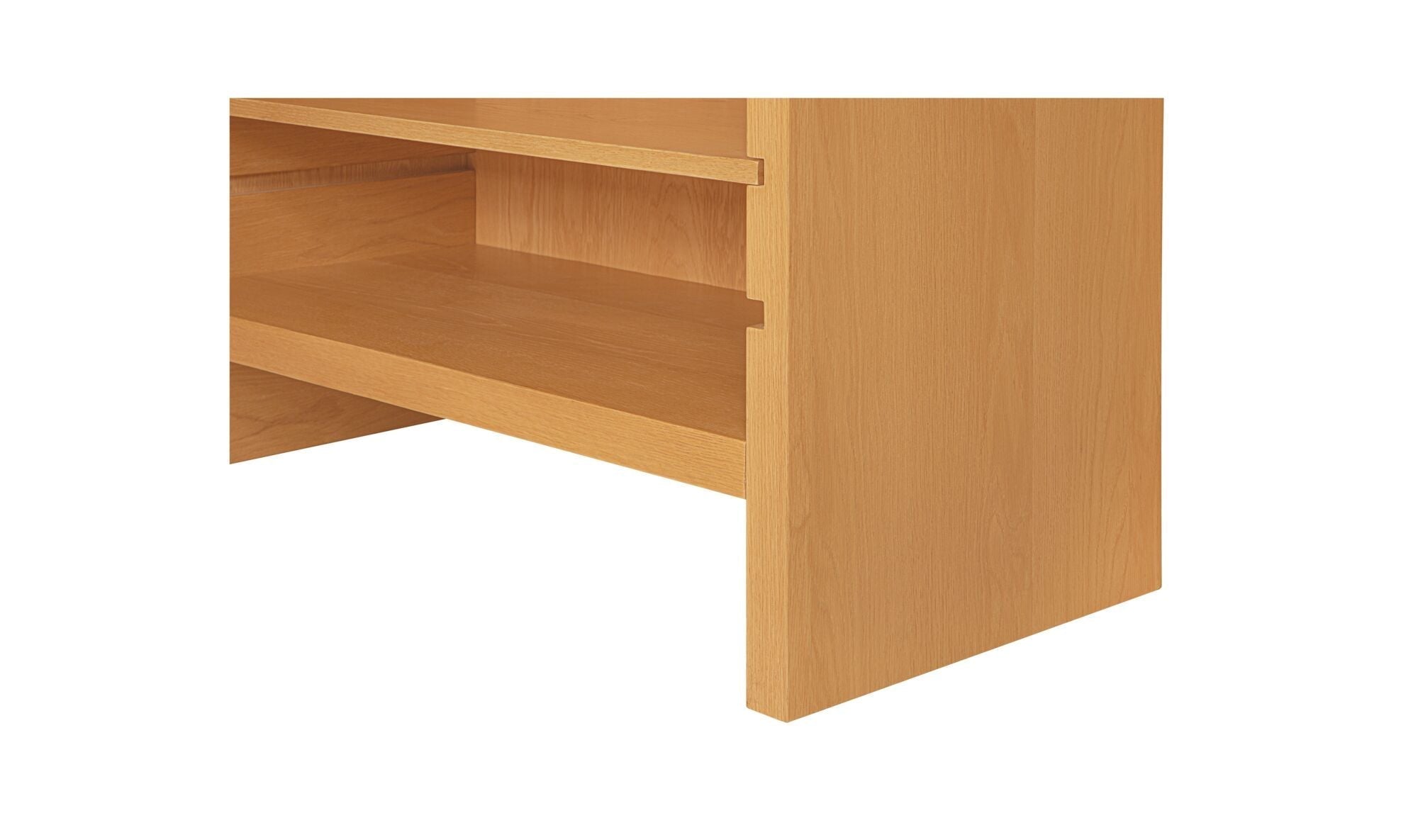 Bibliothèque en chêne clair, angle des étagères et flanc latéral