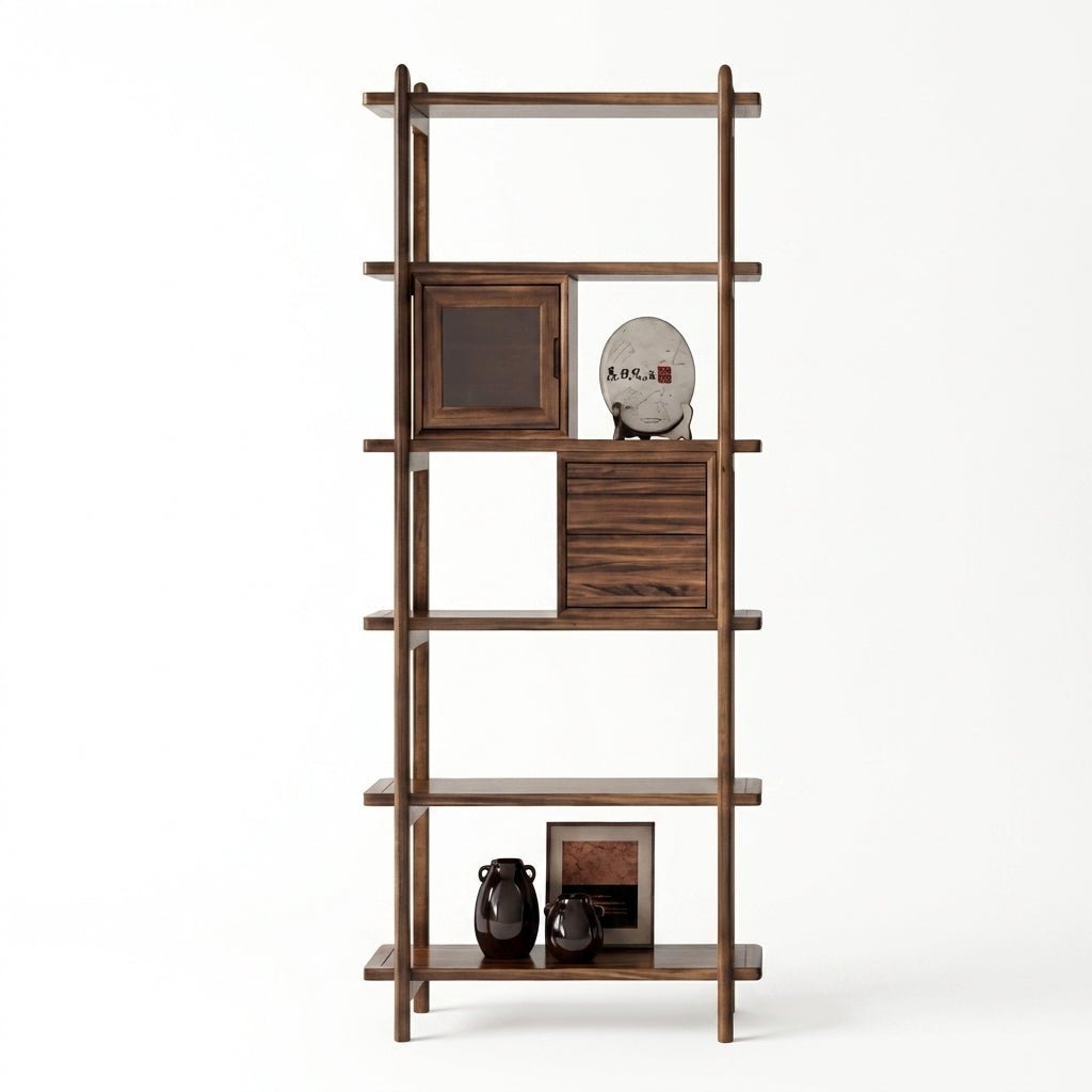 Bibliothèque en noyer sombre avec ouvertures et rangements à tiroirs, portes vitrées carrées