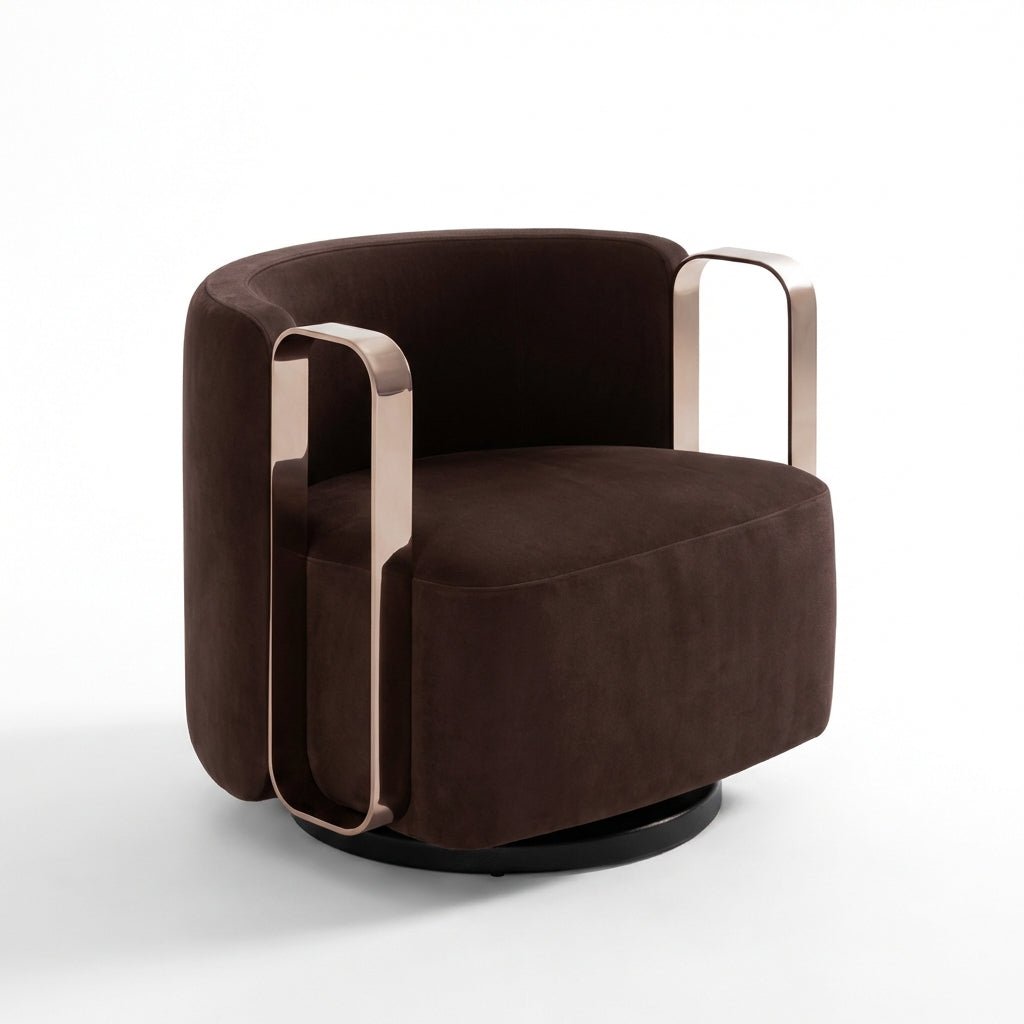Fauteuil pivotant rembourré brun foncé, accoudoirs rectangulaires métalliques, vue 3/4