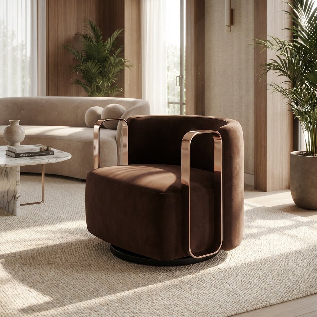 Fauteuil pivotant en tissu brun foncé, piètement rond noir, poignées métalliques effet bronze