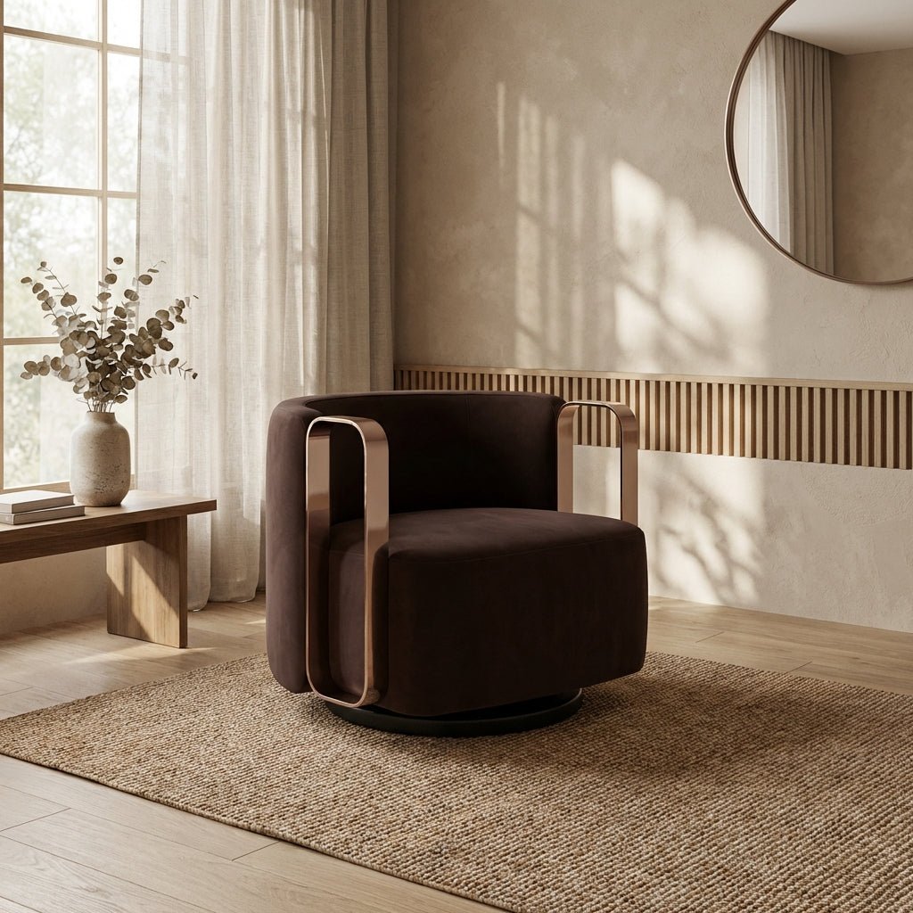 Fauteuil pivotant en tissu brun foncé, cadre métallisé autour des accoudoirs, vue 3/4