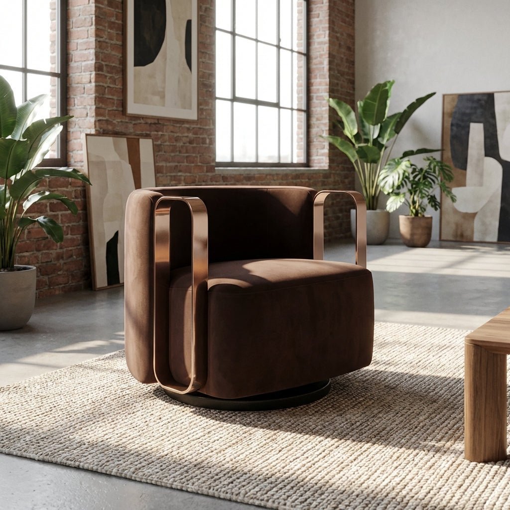 Fauteuil pivotant en tissu brun foncé avec cadre métallisé effet bronze, vue en situation