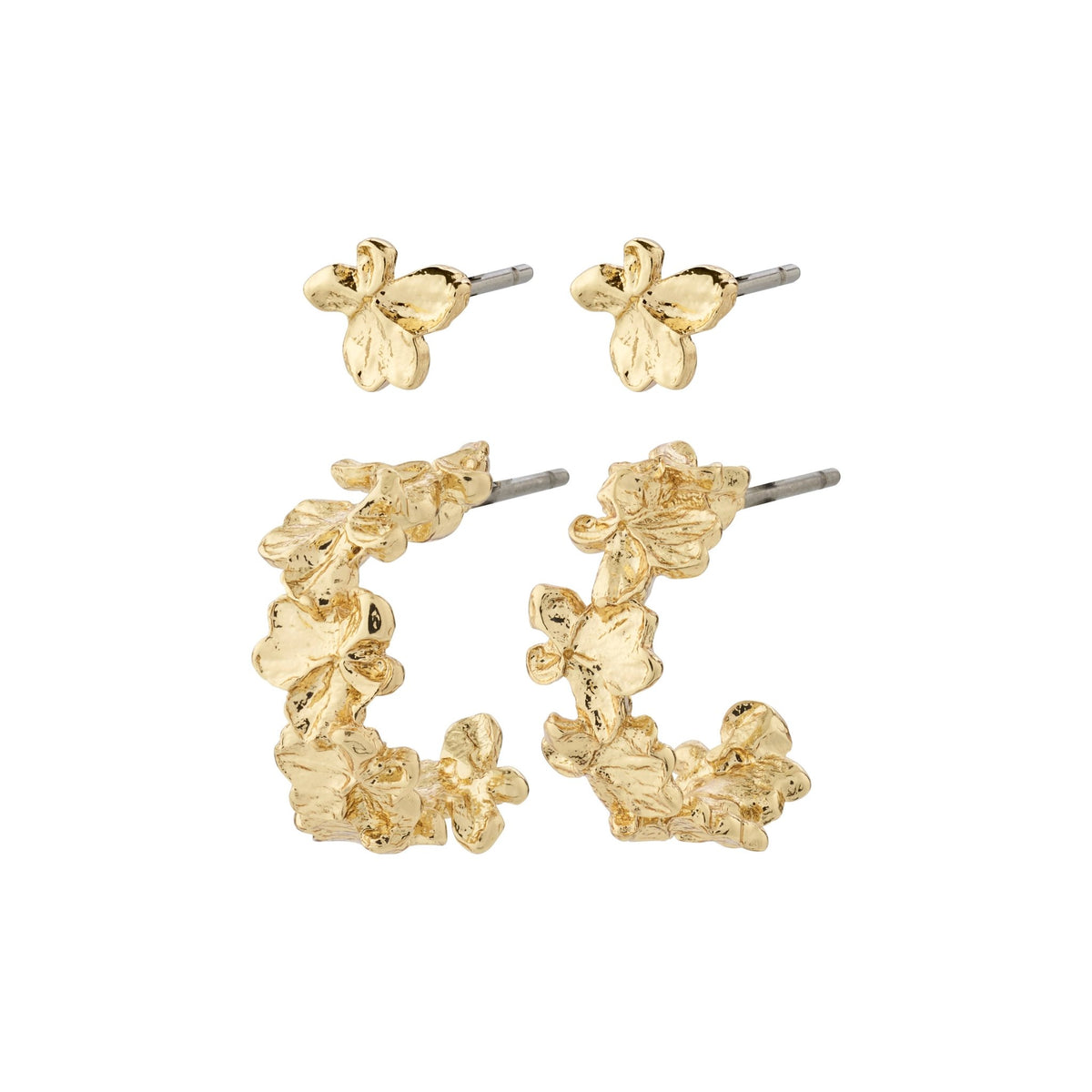 Boucles d’oreilles ZHURI Pilgrim 2-en-1 avec demi-anneaux et puces florales plaquées or ou argent.