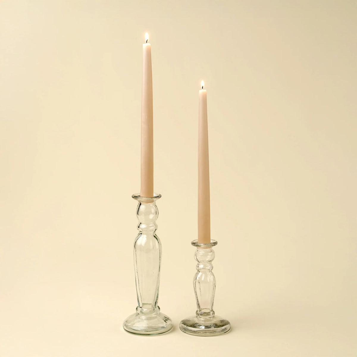 Grand bougeoir en verre transparent recyclé, tige torsadée, pour 2 bougies