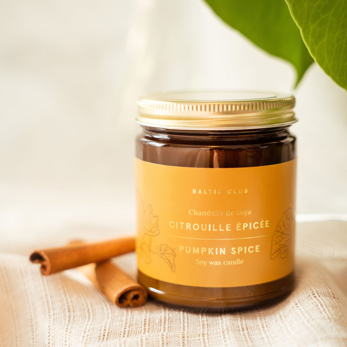 Bougie dans pot en verre ambré, bougie éteinte, couvercle à rayures, bâtons de cannelle