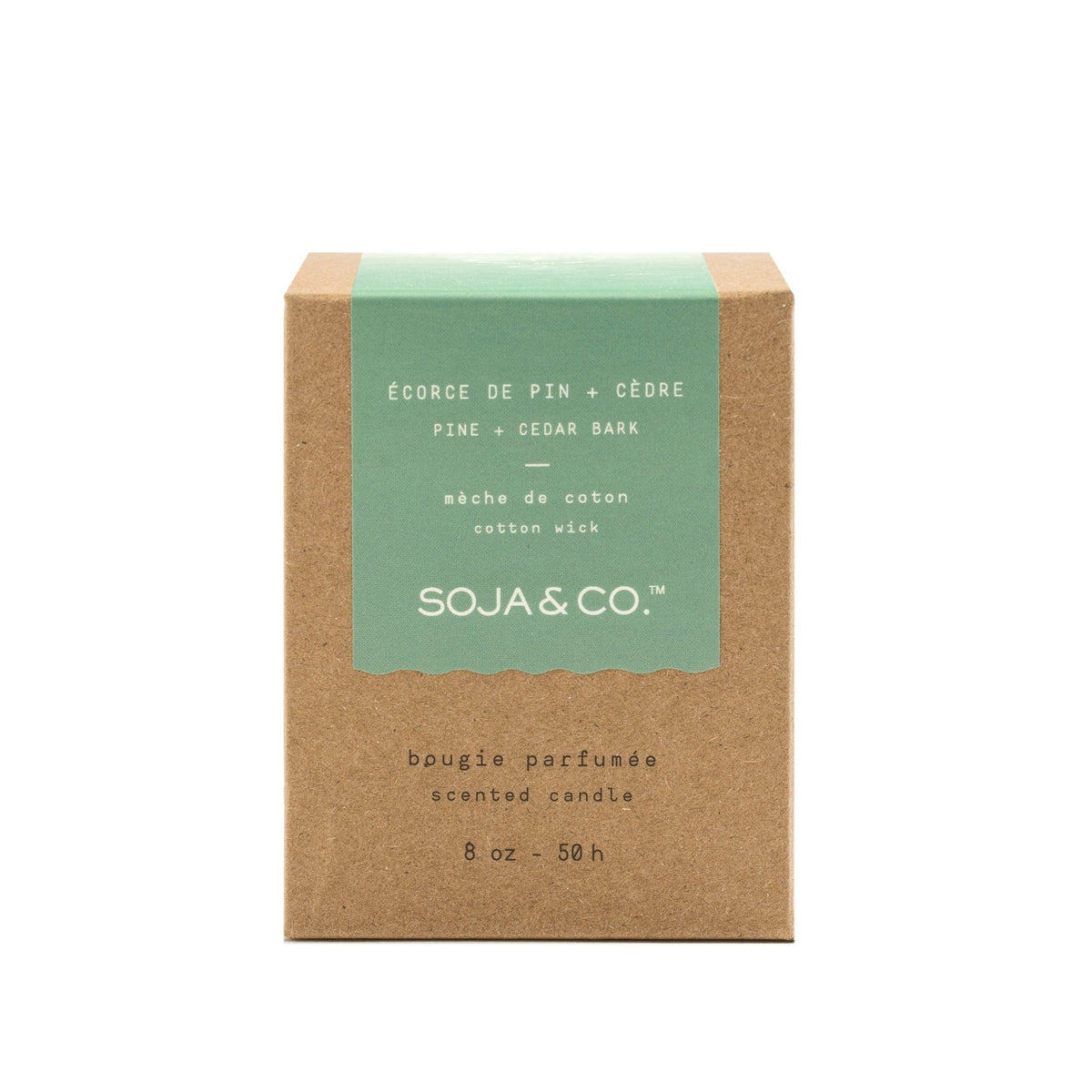 Boîte kraft SOJA&CO avec étiquette verte, bougie écorce de pin et cèdre