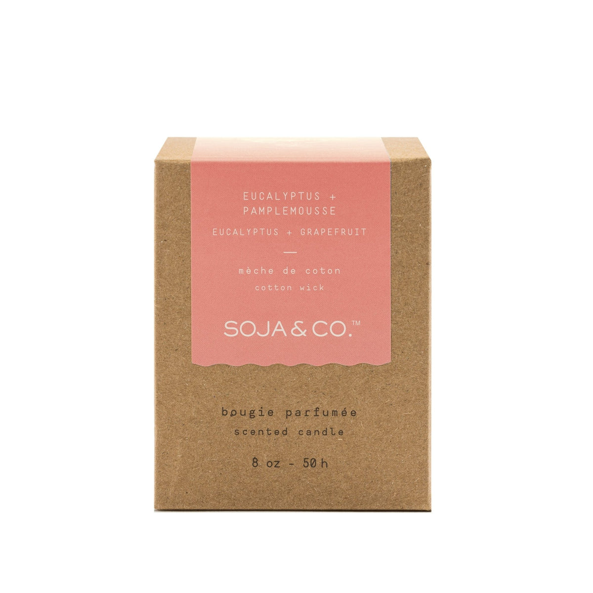 Boîte en carton kraft pour bougie parfumée Soja & Co., bande rose et texte