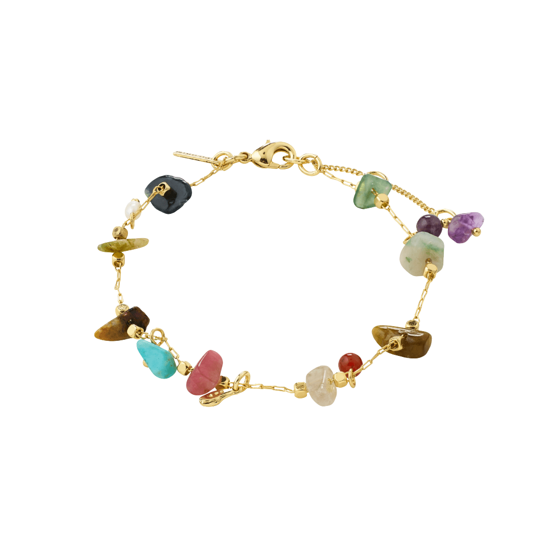 Bracelet HERE Pilgrim avec pierres semi-précieuses naturelles colorées et finition plaquée or ou argent.