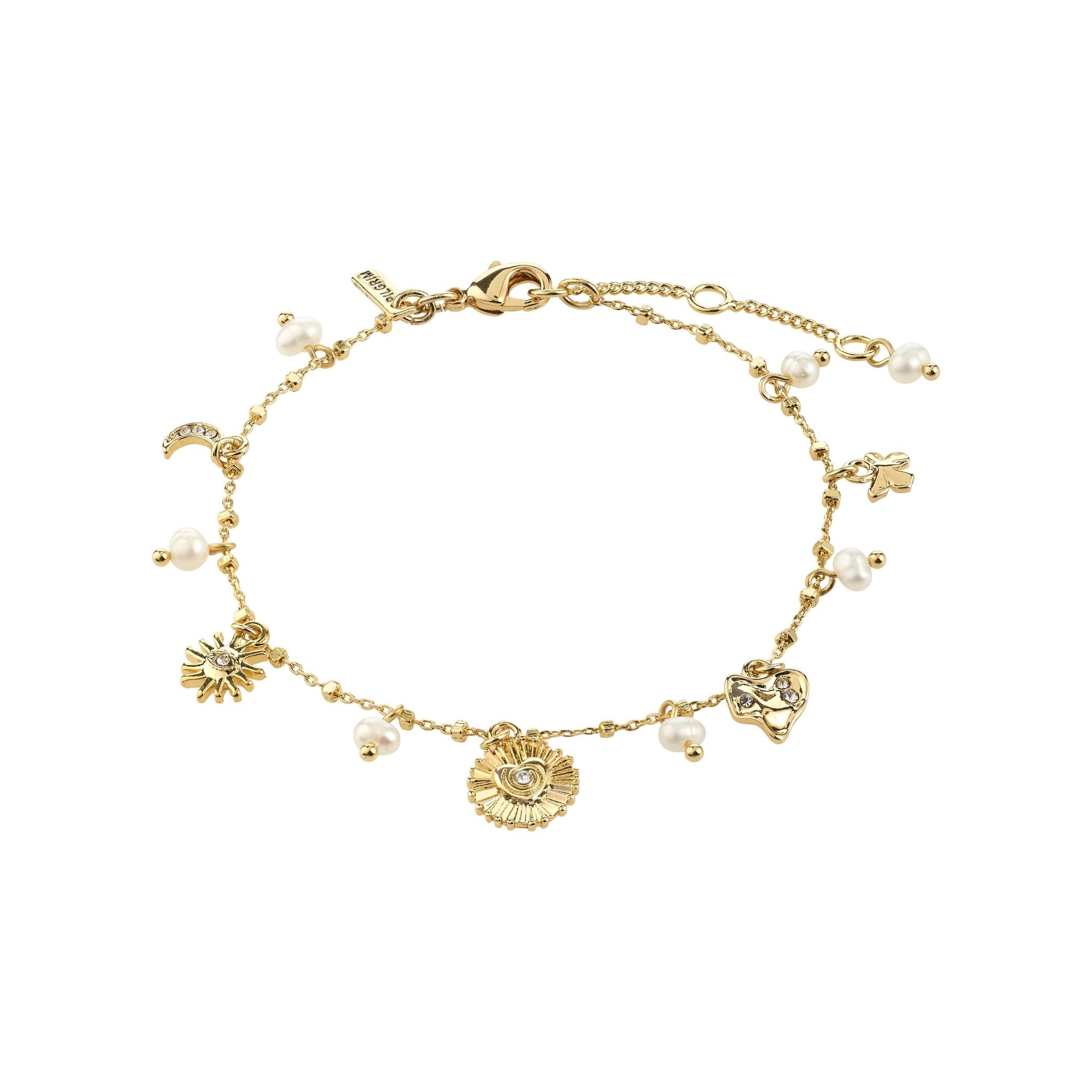 Bracelet MYLAN de Pilgrim avec breloques soleil, lune, cœur et cristaux, plaqué or ou argent.