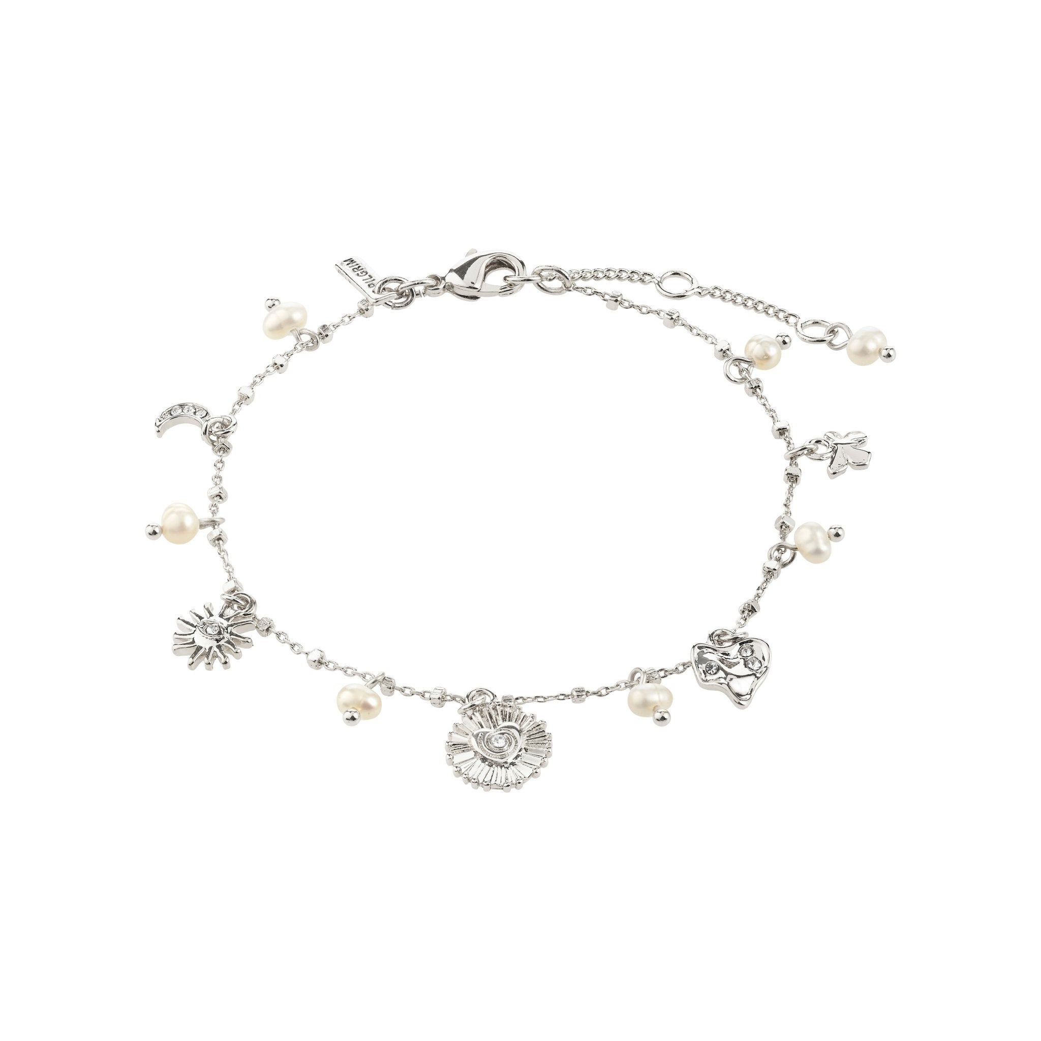 Bracelet en métal argenté avec breloques, perles et chaîne, modèle à charmes