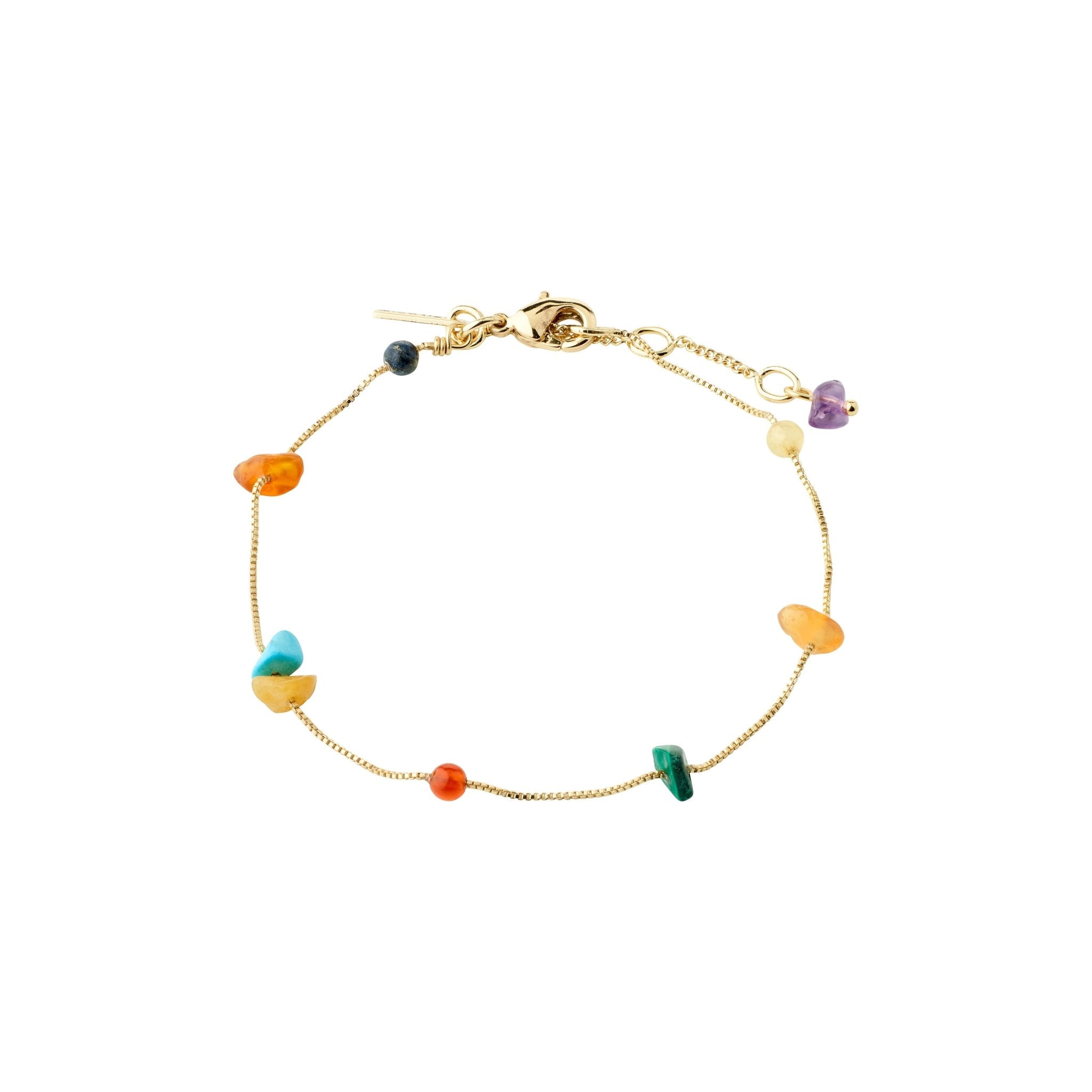 Bracelet NARI Pilgrim fait à la main avec pierres semi-précieuses colorées, chaîne délicate et finition plaqué or ou argent.