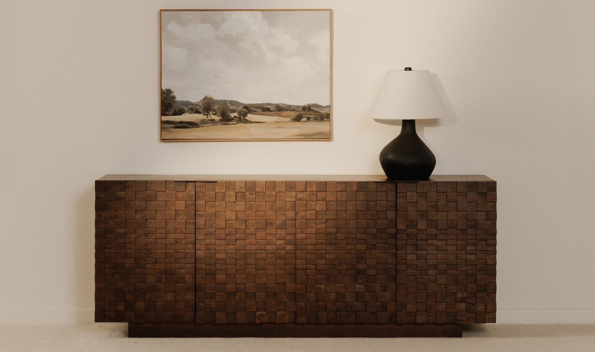 Buffet Brampton bois d’acacia massif portes sculptées 3D