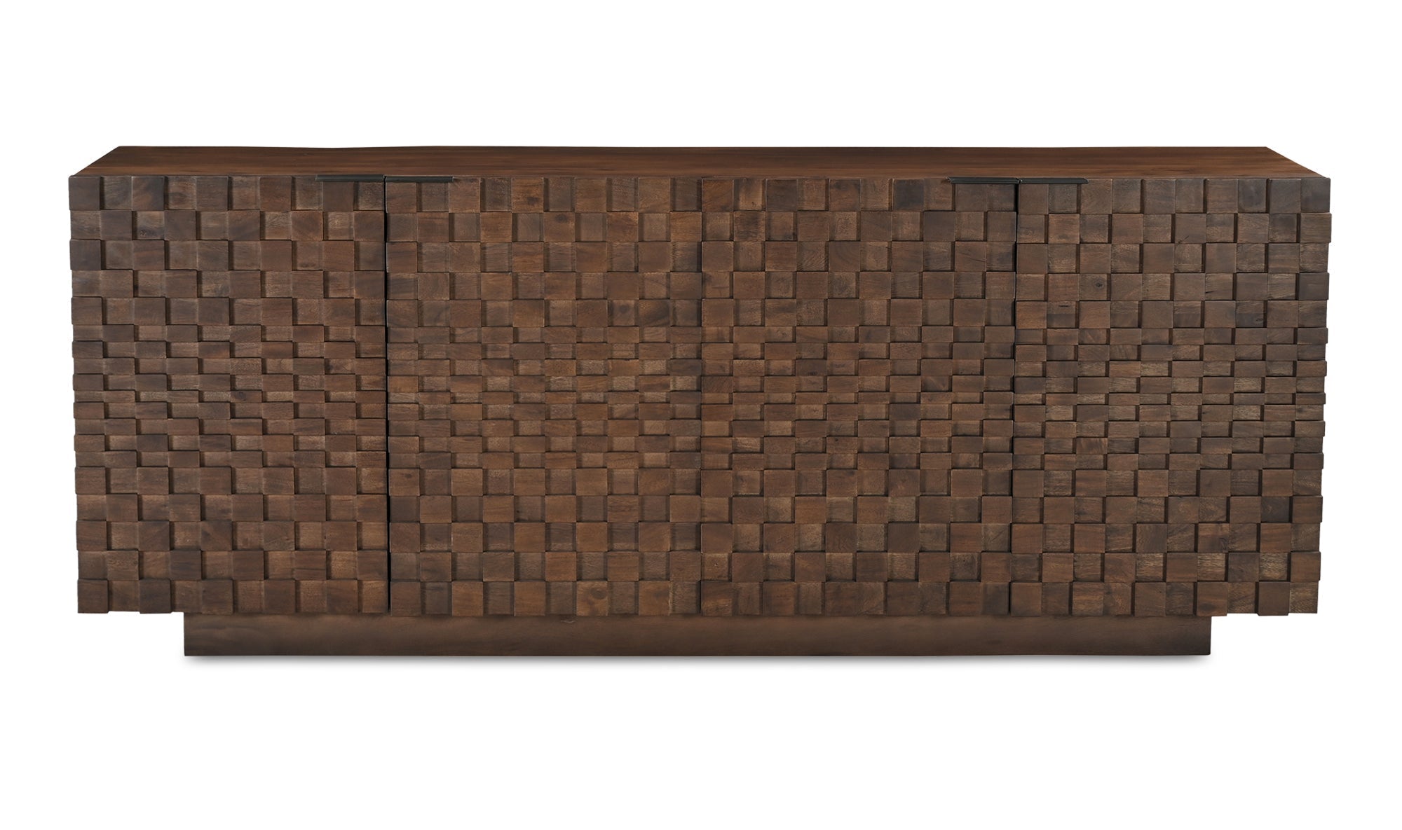Buffet en bois d’acacia massif brun foncé, façade à motif géométrique 3D en relief.