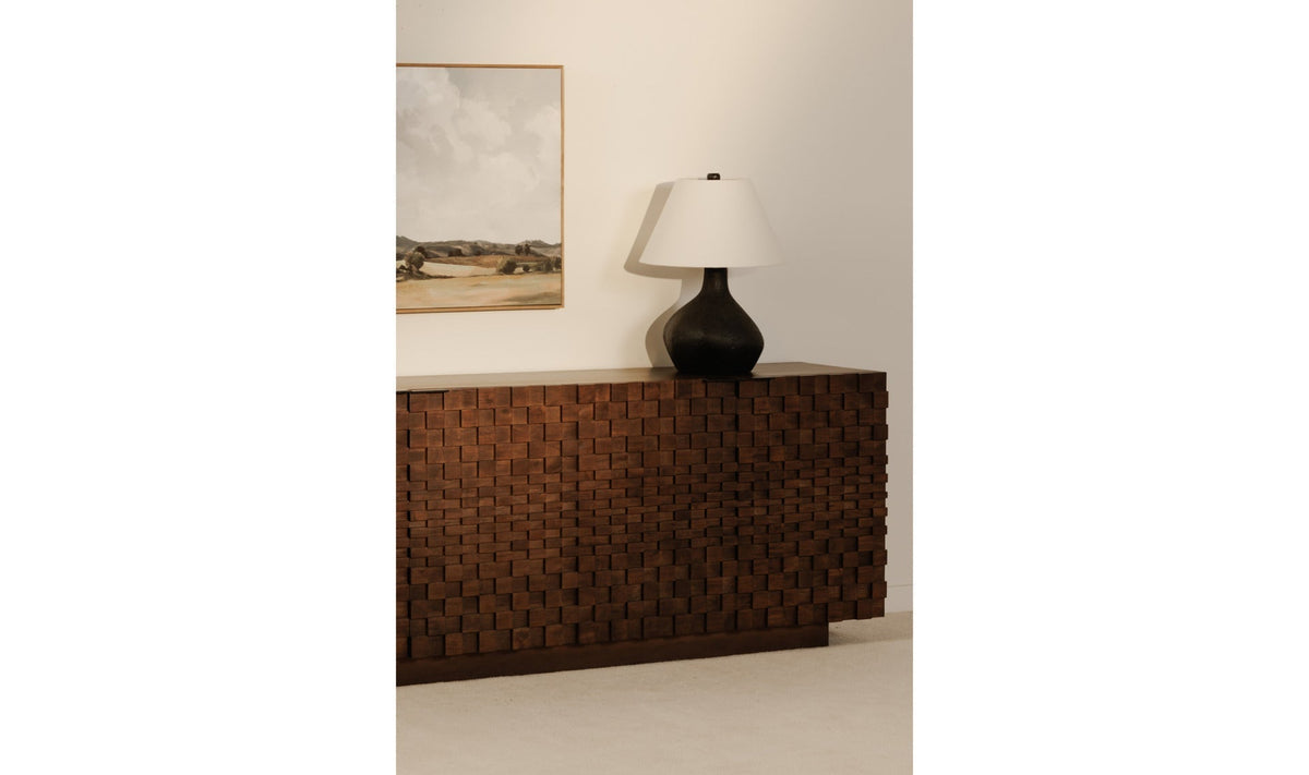 Buffet en bois brun foncé avec motif tressé 3D sur façade et portes