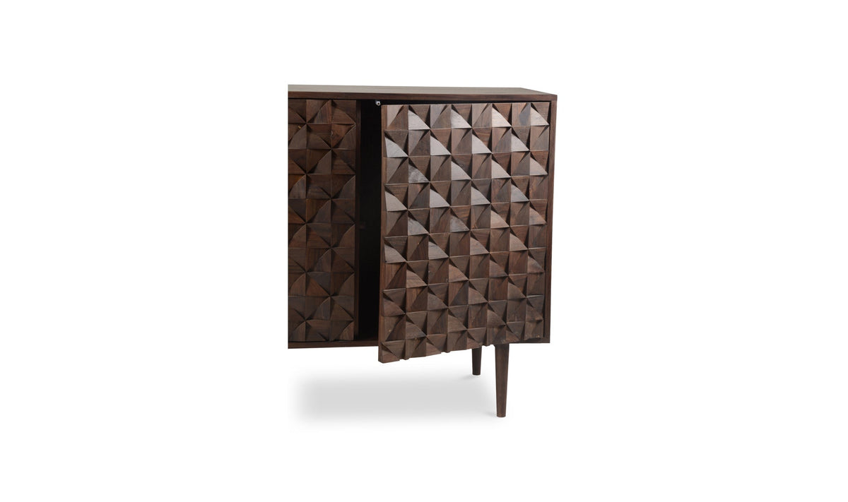 Buffet 3 portes en bois sombre, vue de trois quarts, motif losanges contrasté