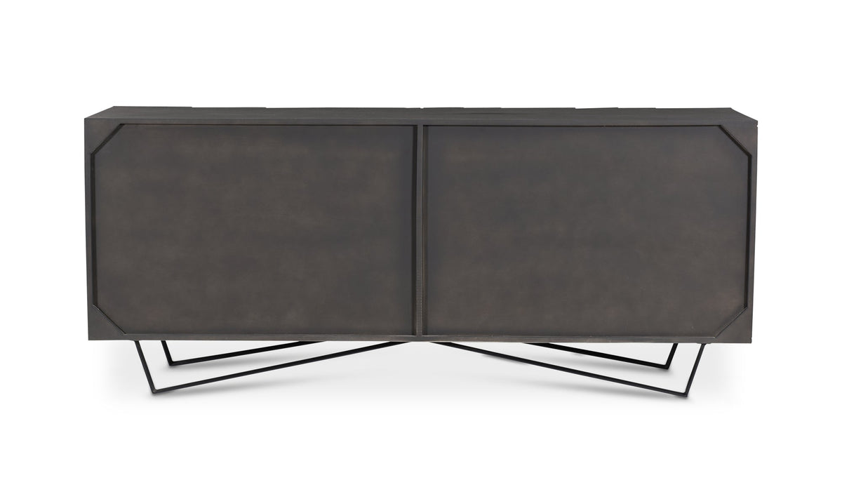 Buffet en bois sombre à deux portes, piètement en fer noir en forme de X.