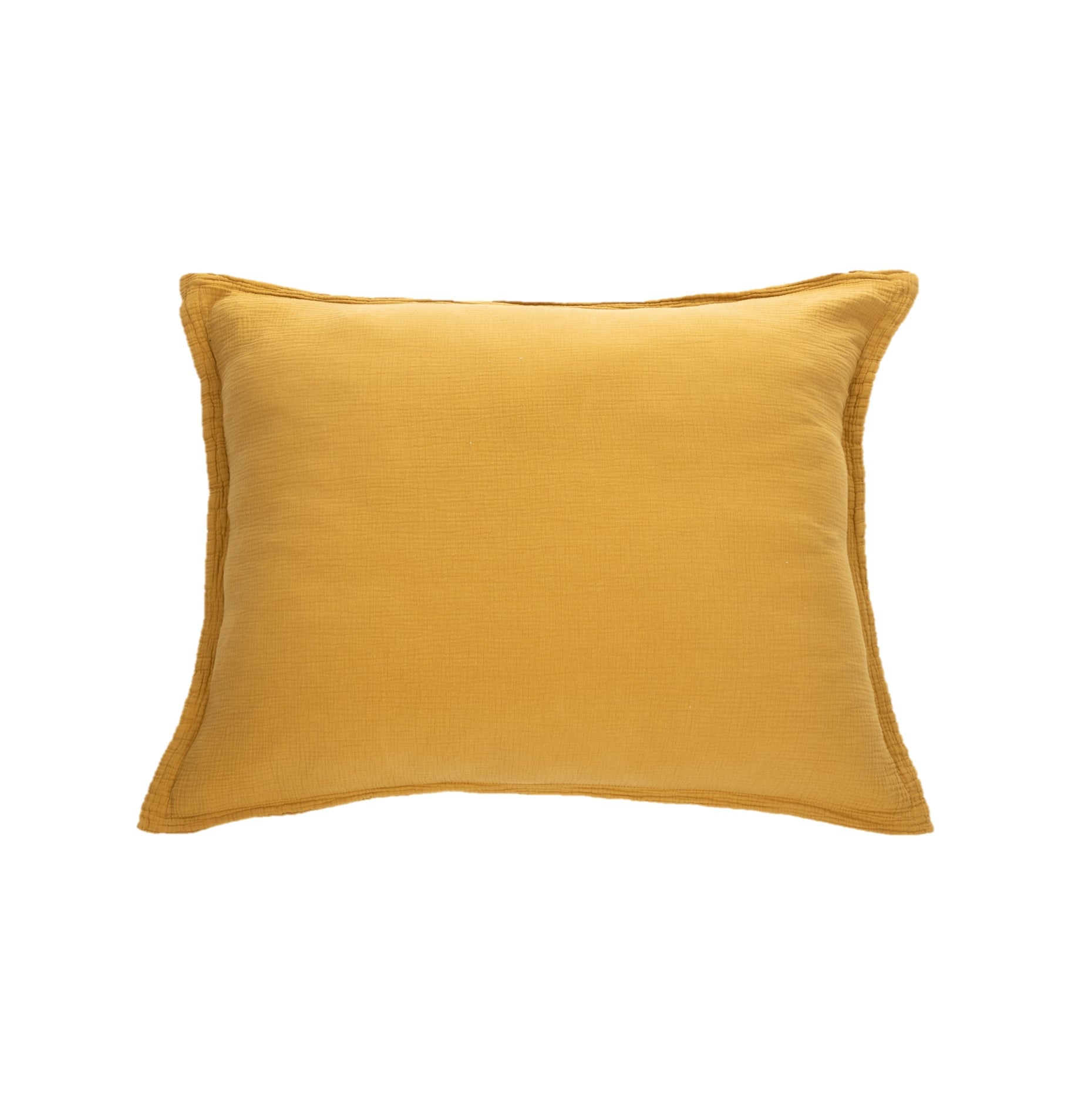 Cache-oreiller décoratif en mousseline jaune pour lit queen et king, sur fond blanc