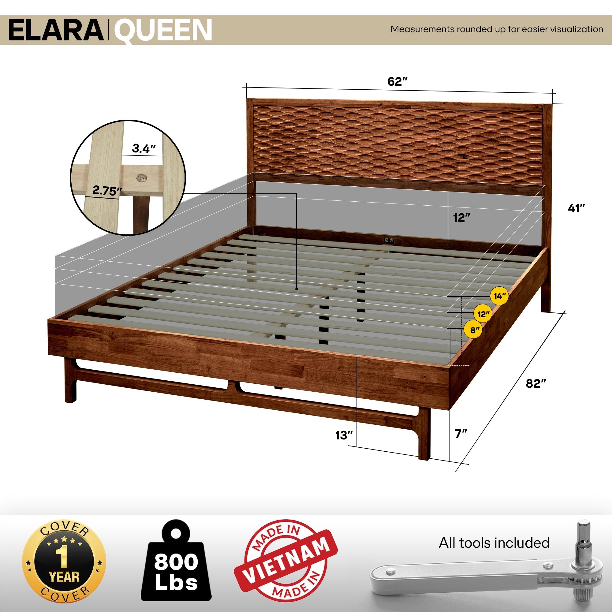 Cadre de lit Elara en bois, tête de lit tressée, sommier à lattes, dimensions queen
