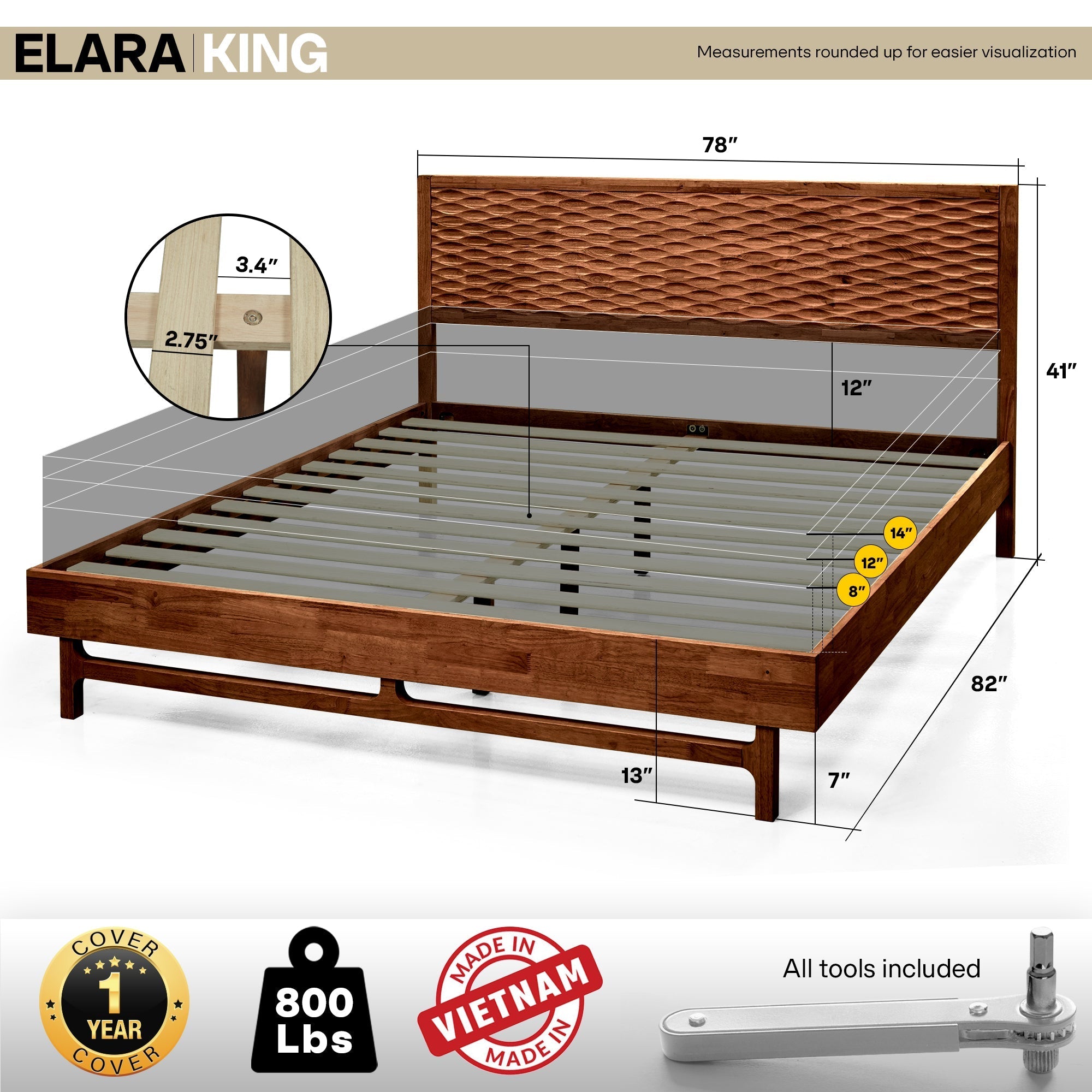 Cadre de lit Elara en bois noyer, tête de lit tressée, sommier à lattes, dimensions king