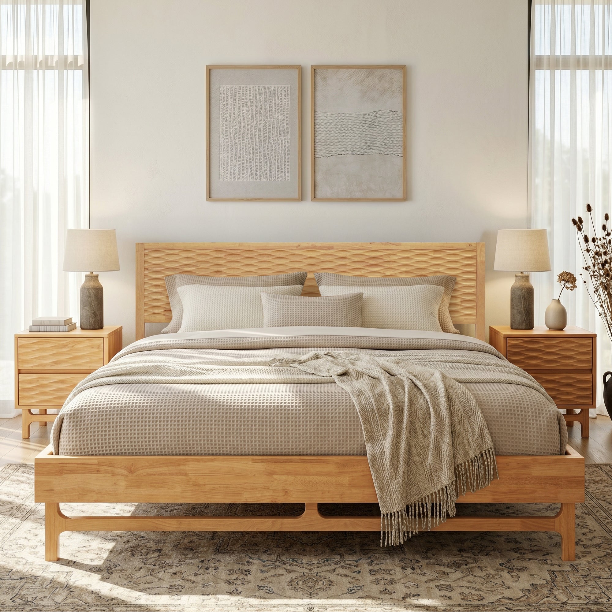 Cadre de lit en bois clair avec tête de lit tressée, coussins et couette, sommier à lattes