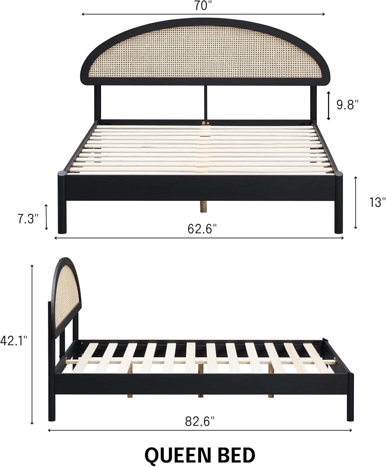 Cadre de lit Gem noir, tête de lit arrondie en tissu beige et sommier à lattes blanches