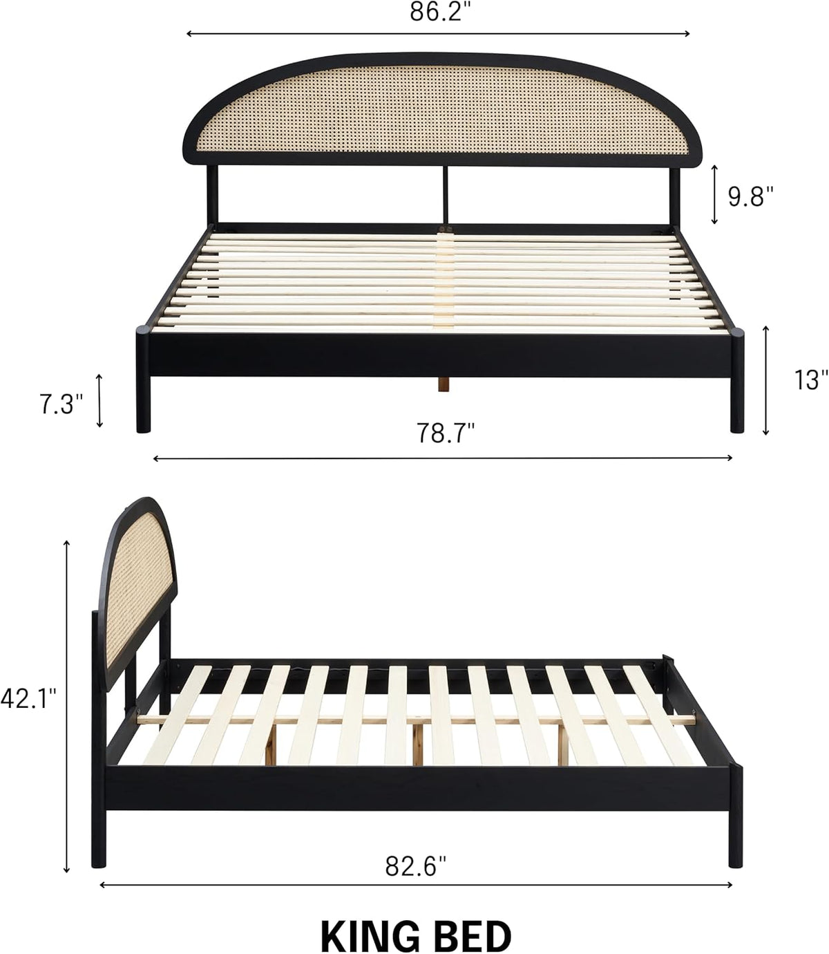 Cadre de lit Gem noir avec tête arrondie en tissu beige et sommier à lattes blanches