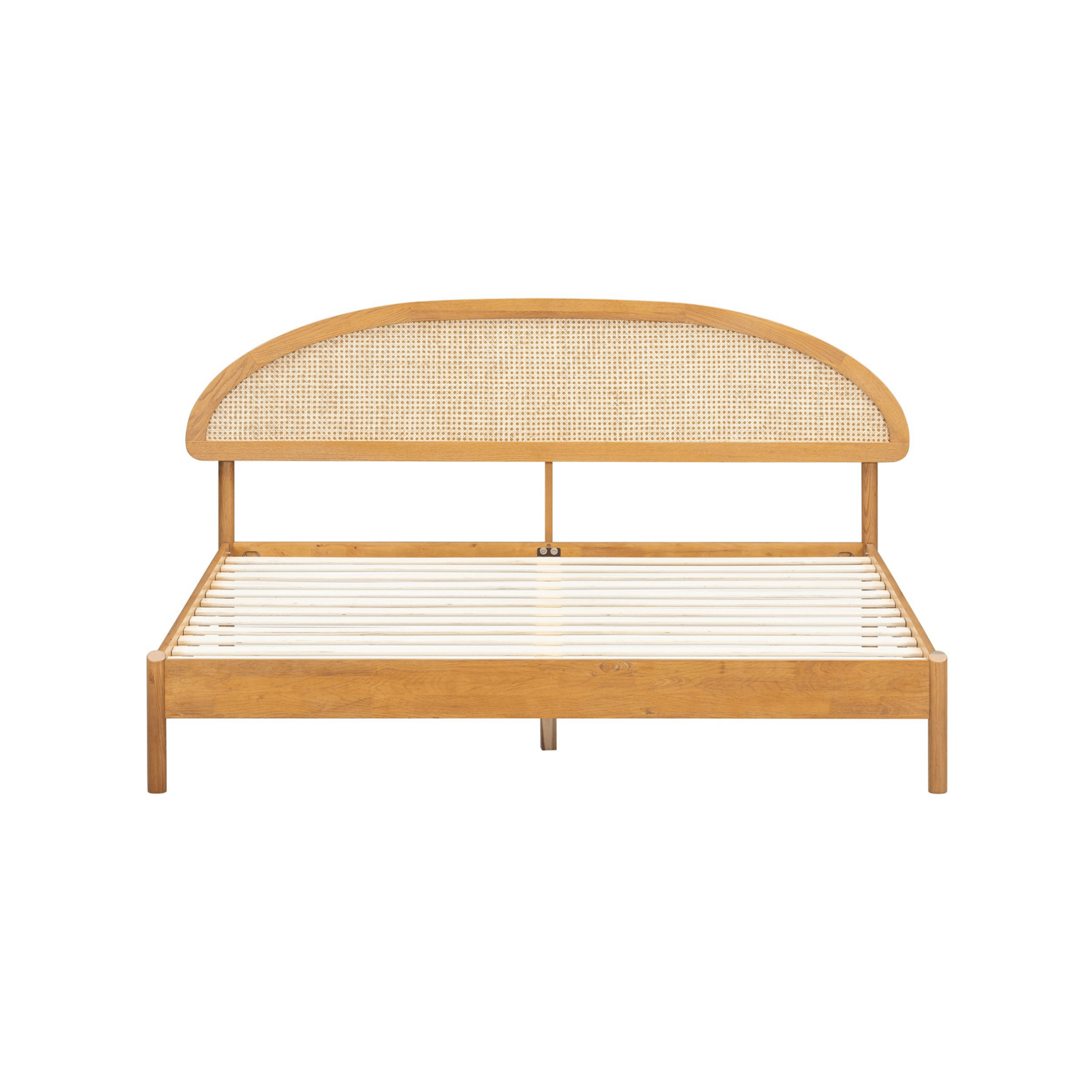 Cadre de lit en bois clair, tête de lit demi-lune rembourrée en tissu, lattes (lit queen)