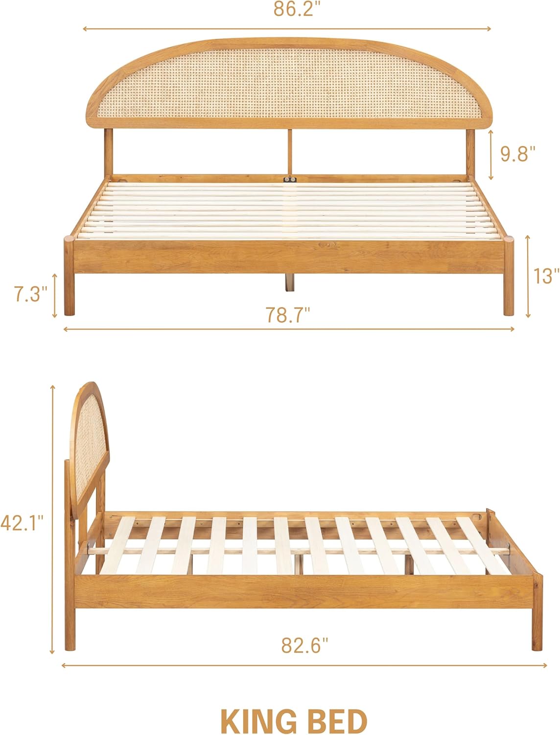 Cadre de lit Gem en bois clair, tête arrondie en tissu beige et sommier à lattes blanches