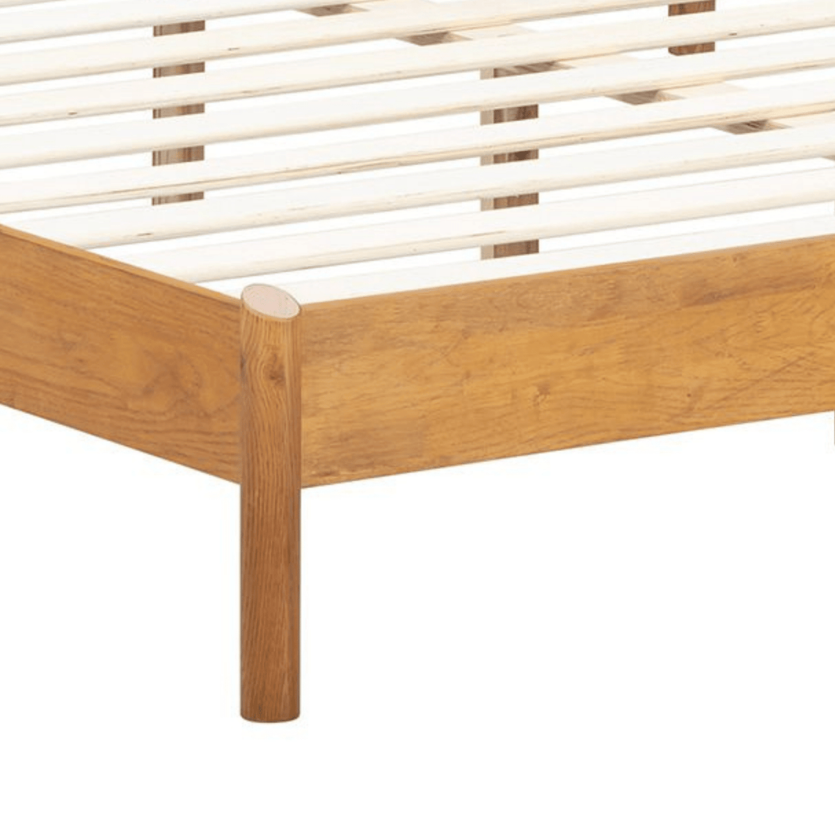 Cadre de lit en bois clair, pied droit et coin arrondi, lattes de sommier blanches