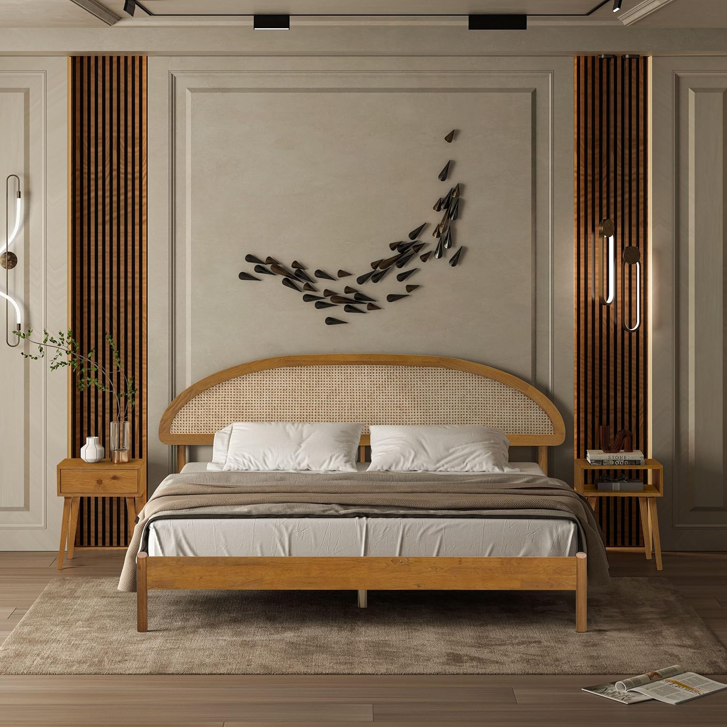 Cadre de lit Gem avec tête de lit arrondie en tissu beige et structure noire, lattes blanches