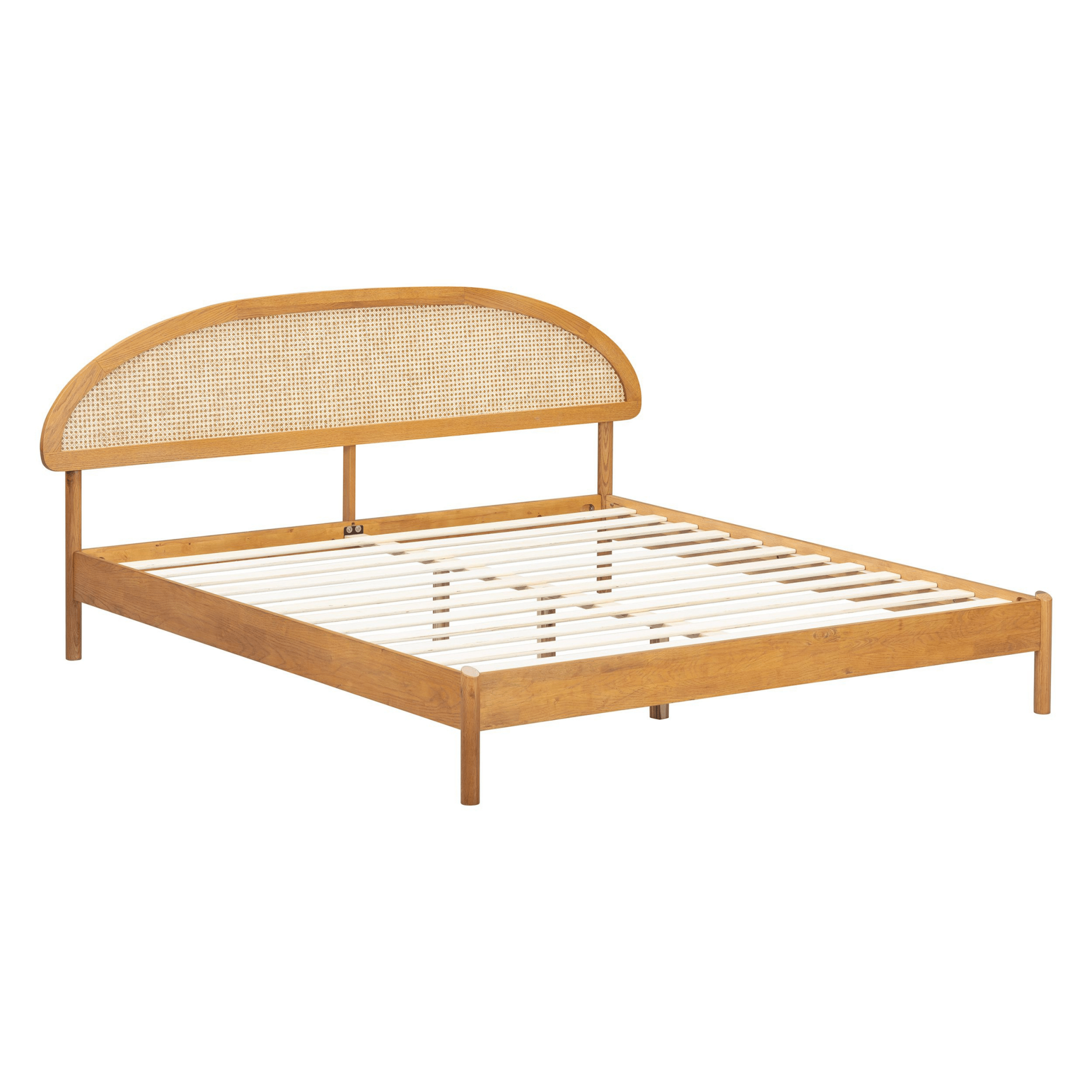 Cadre de lit bois clair avec tête de lit demi-lune en tissu, sommier à lattes (lit queen)