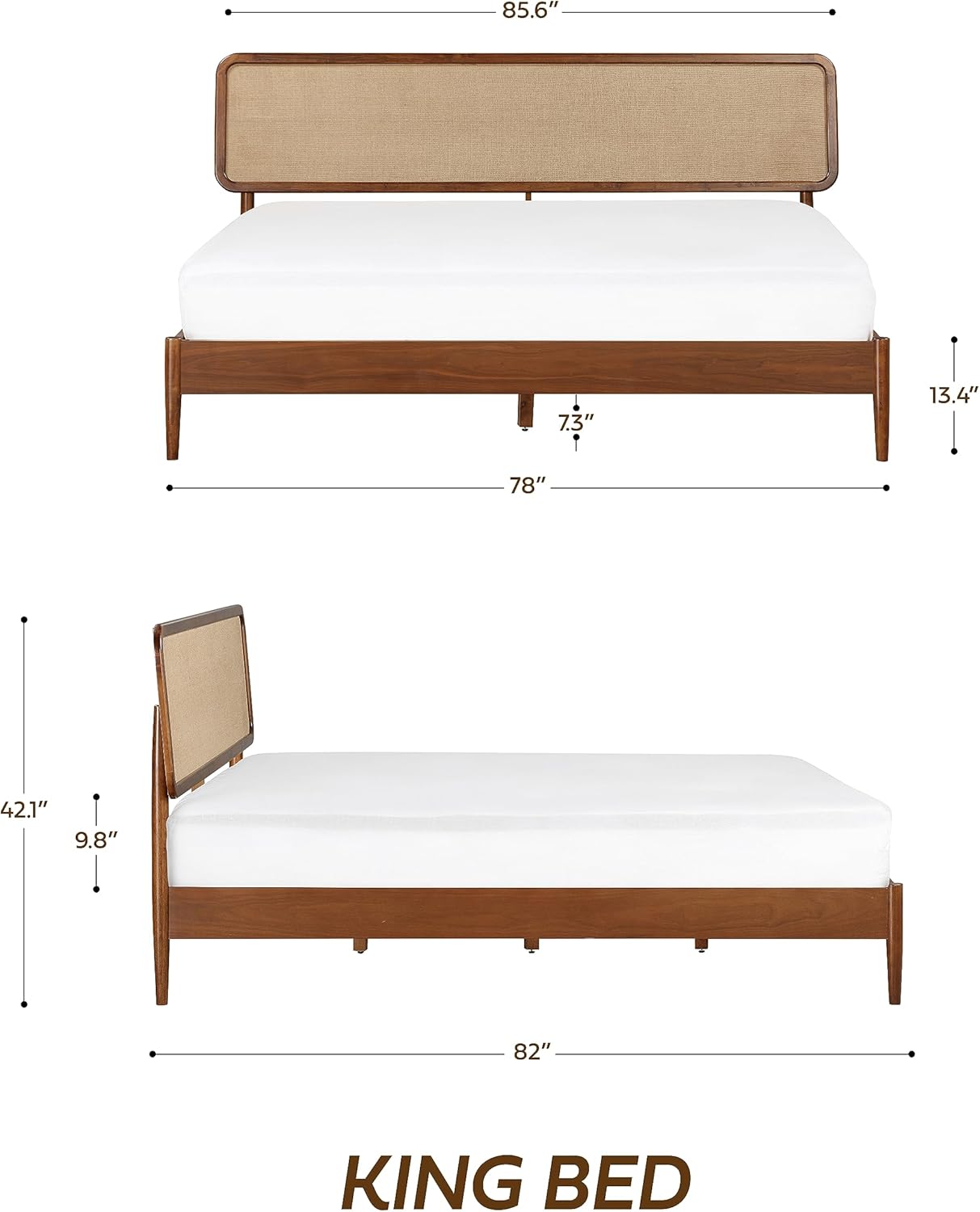 Cadre de lit avec tête de lit beige, pieds en bois et lattes, vue avec mesures