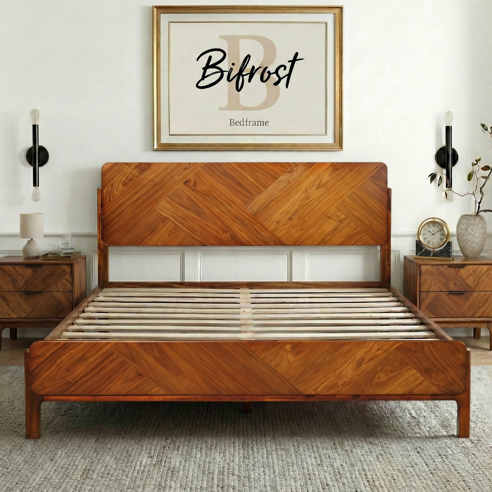 Cadre de lit plateforme en bois caramel avec tête de lit haute et sommier à lattes