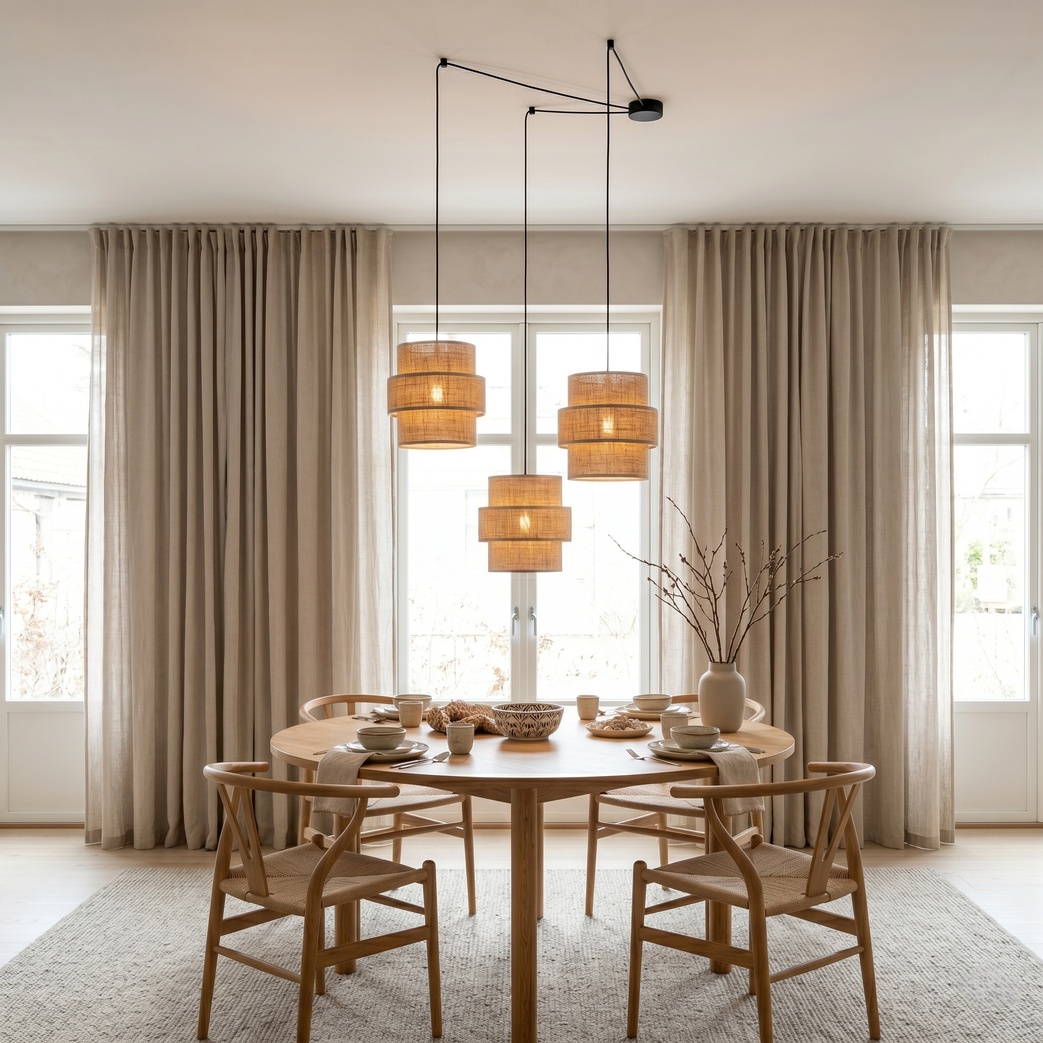Suspension CALISTO JUTE à trois lumières en jute naturelle avec câbles réglables au-dessus d'une table à manger dans un intérieur scandinave.