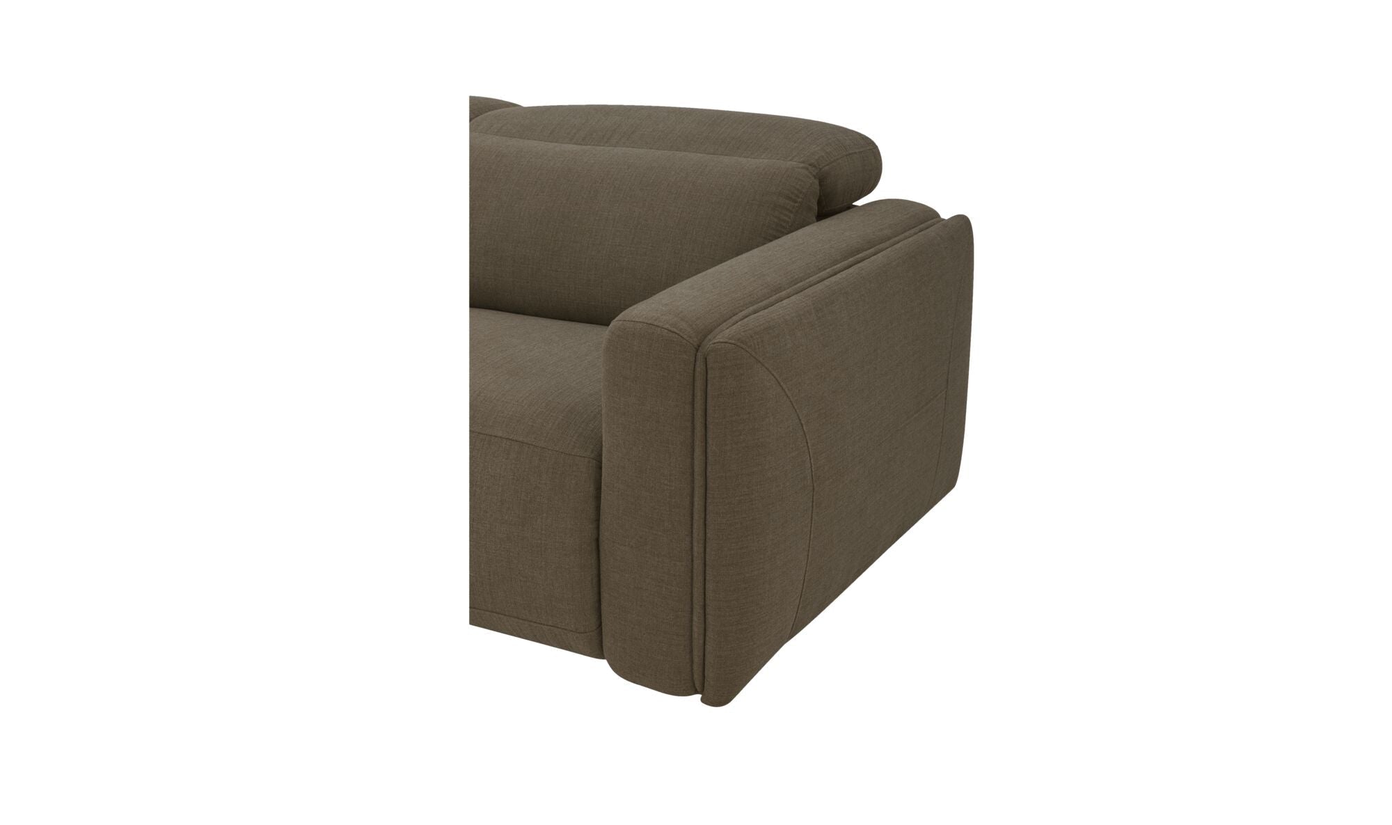 Canapé inclinable électrique 3 places taupe, vue de profil de l’accoudoir et de l’angle du dossier