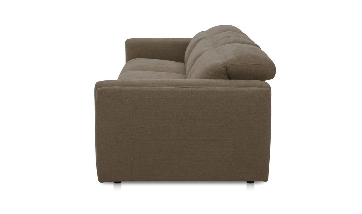 Canapé inclinable électrique 3 places en tissu taupe foncé, têtières rembourrées.