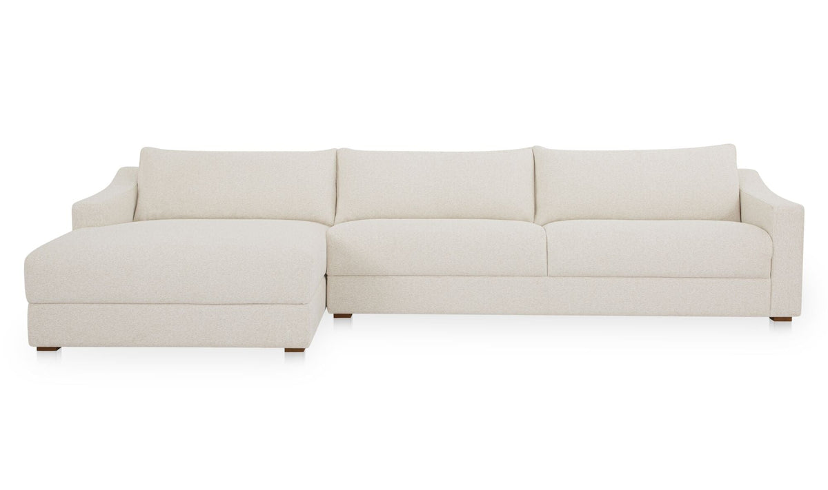 Canapé sectionnel beige clair avec méridienne, dossiers et assises coussinées