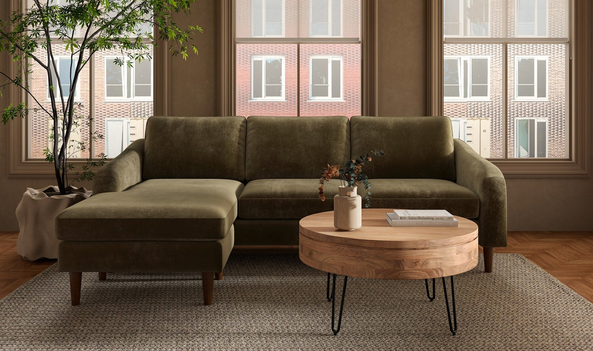 Canapé sectionnel en tissu vert cèdre avec méridienne réversible, pieds compacts en bois