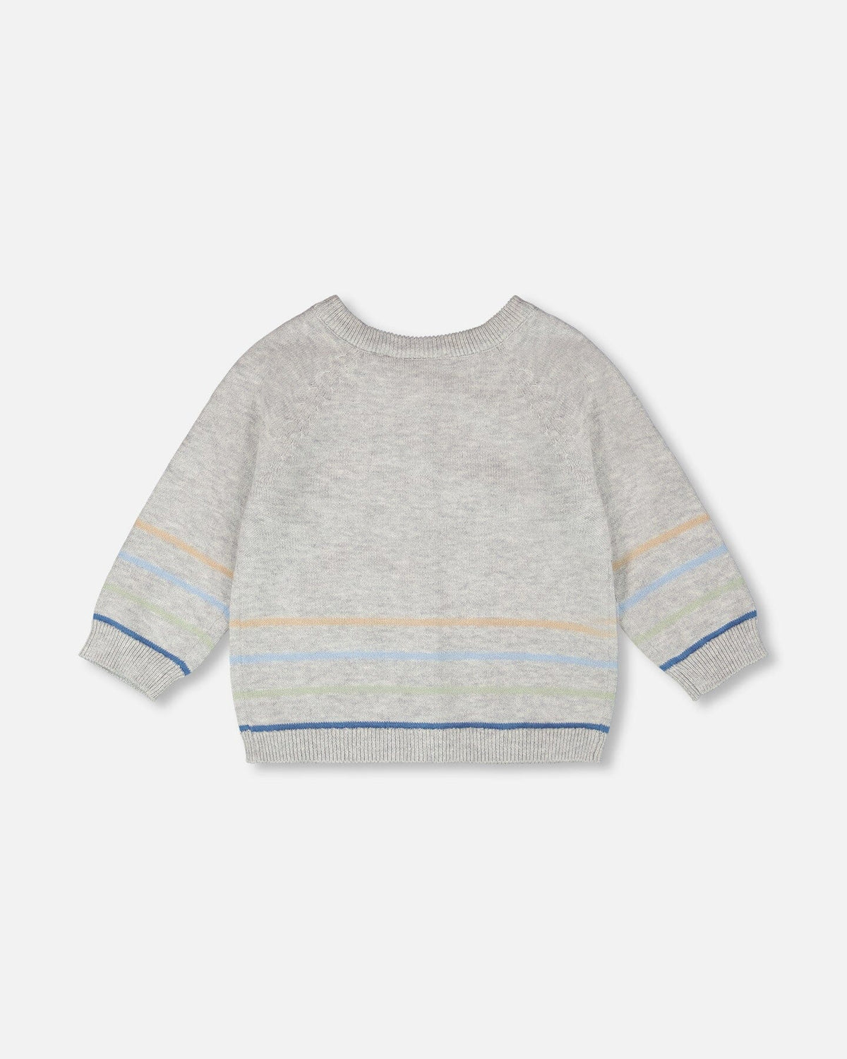 Cardigan en tricot gris clair rayé, encolure ronde, manches et ourlet à bandes