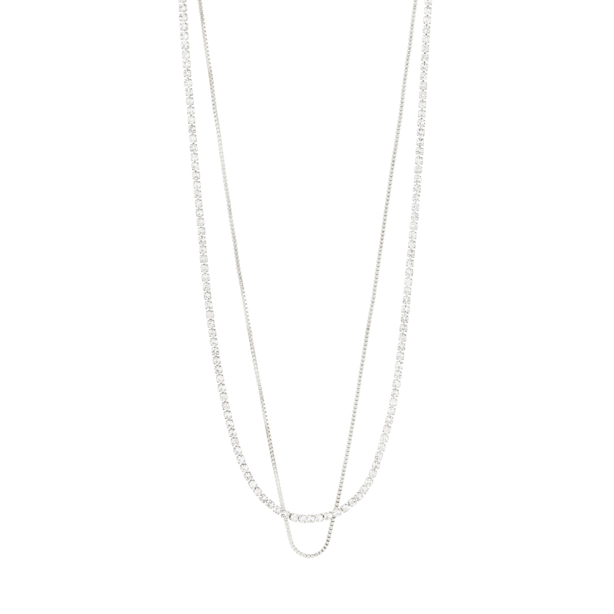 Collier MILLE 2-en-1 argenté : deux chaînes superposées avec cristaux, motif central