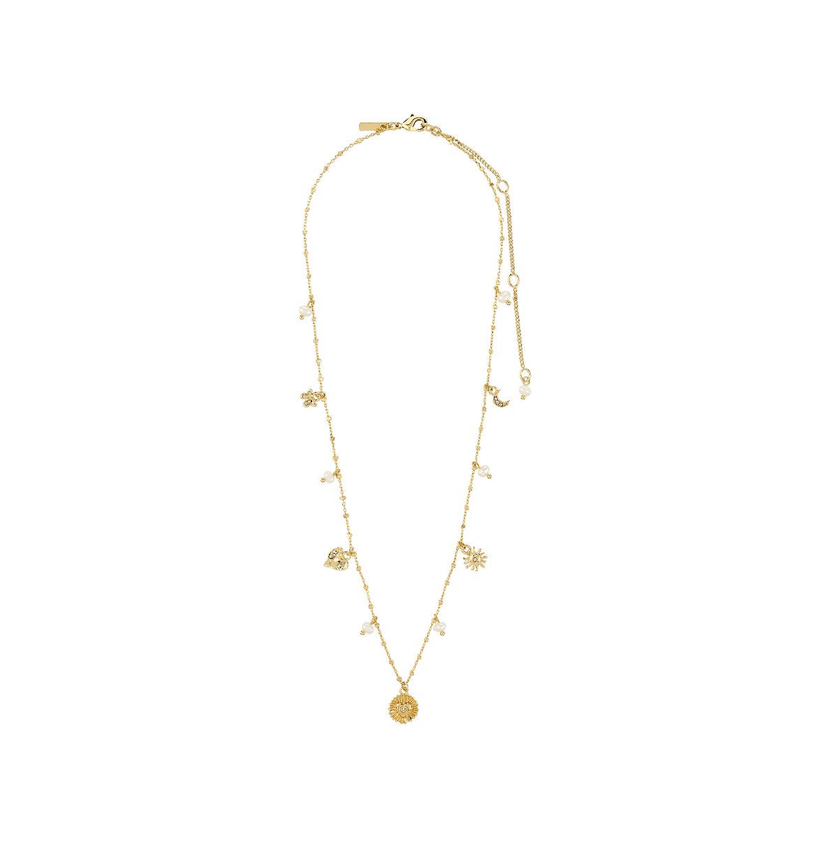 Collier à breloques sur chaîne fine avec plusieurs pendentifs et petits cristaux