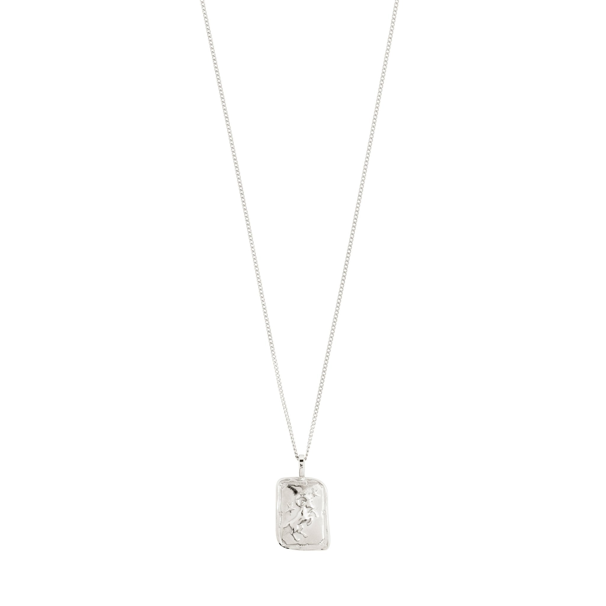 Collier pendentif Bélier plaqué argent : pendentif rectangulaire gravé, chaîne fine.