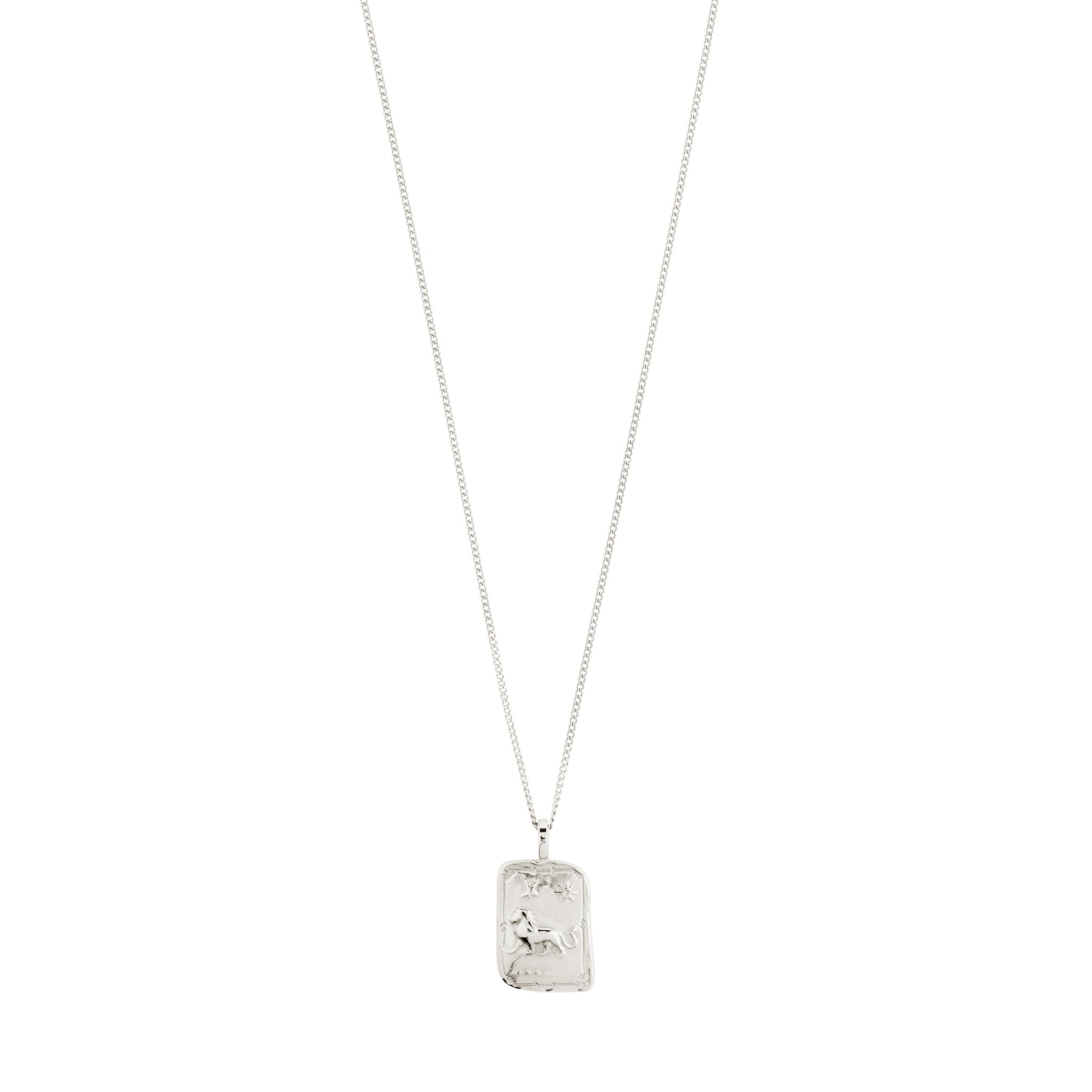Collier pendentif Lion plaqué argent, chaîne fine et breloque carrée gravée