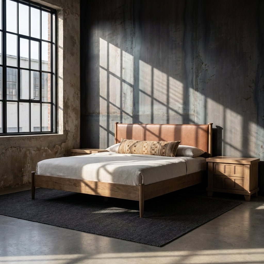 Ensemble de chambre Colton | Lit en cuir et manguier | Style mid-century