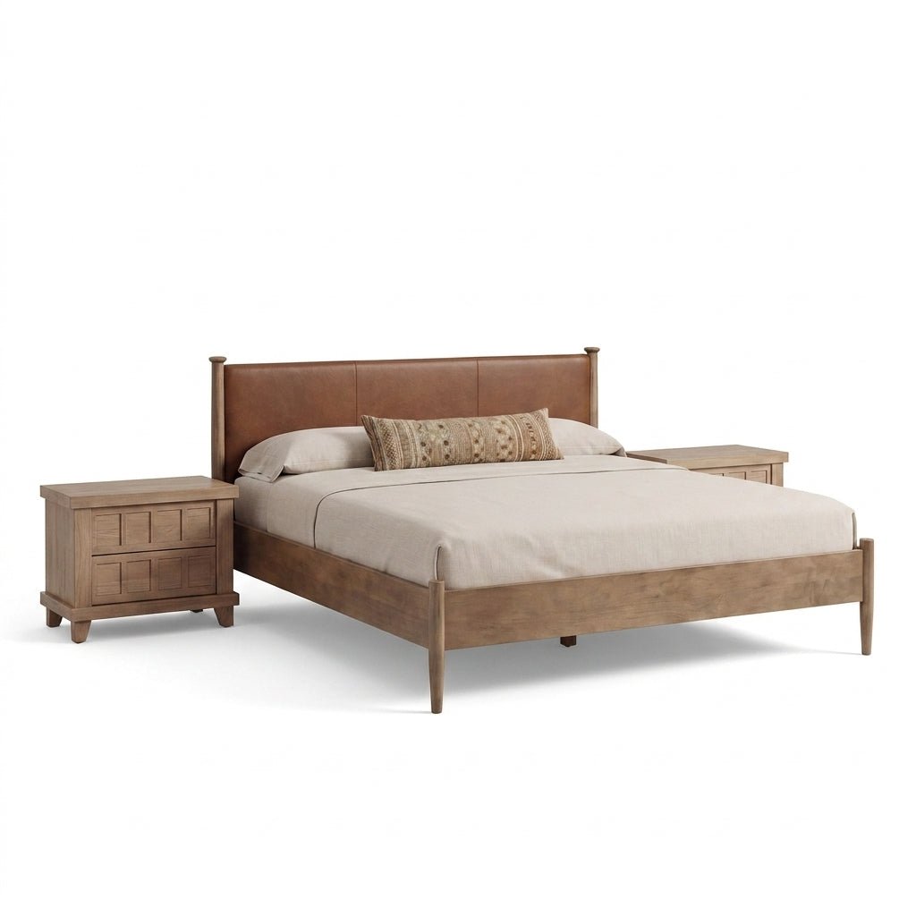 Ensemble de chambre Colton | Lit en cuir et manguier | Style mid-century