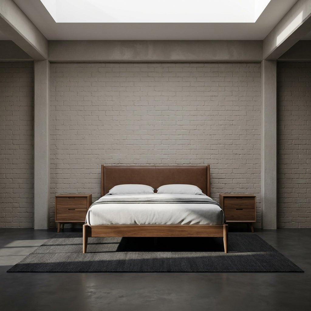 Ensemble de chambre Colton | Lit en cuir et manguier | Style mid-century